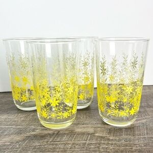 Vintage Drinking‎ Glasses yellow floral MCM retro kitchen cups Glass